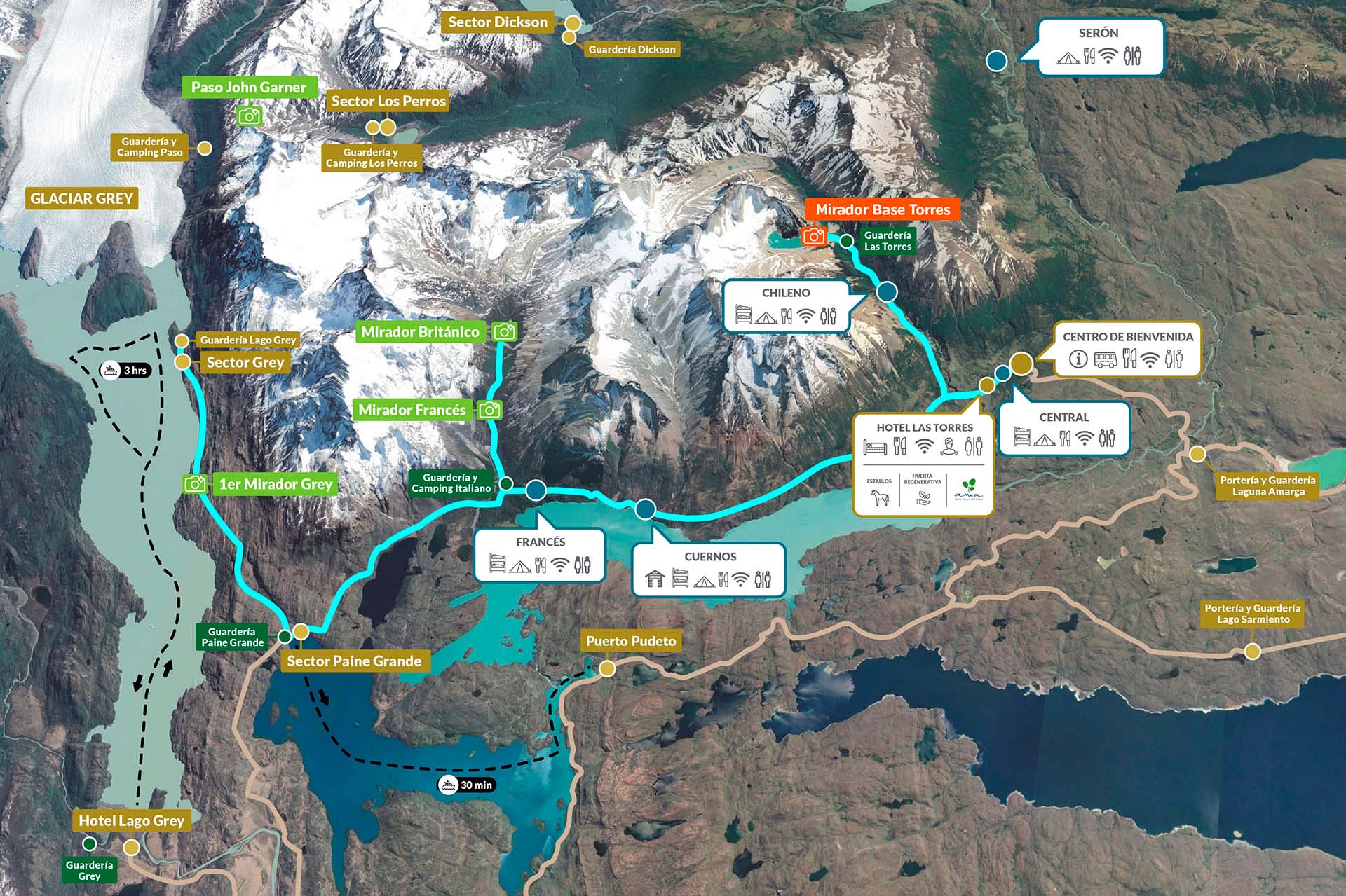 Chile Andesbjergene Torres del Paine Kort vandretur W Kort over vandreturen W i Torres del Paine.