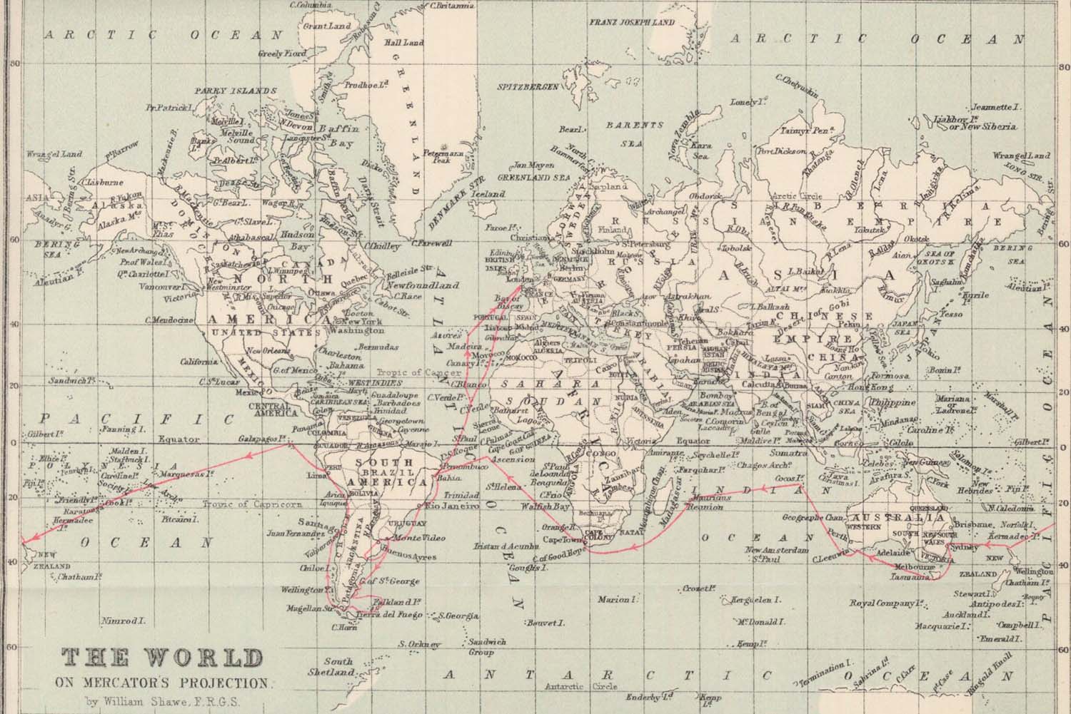 Charles Darwins rute på jordomrejsen med skibet Beagle i 1831 til 1836.