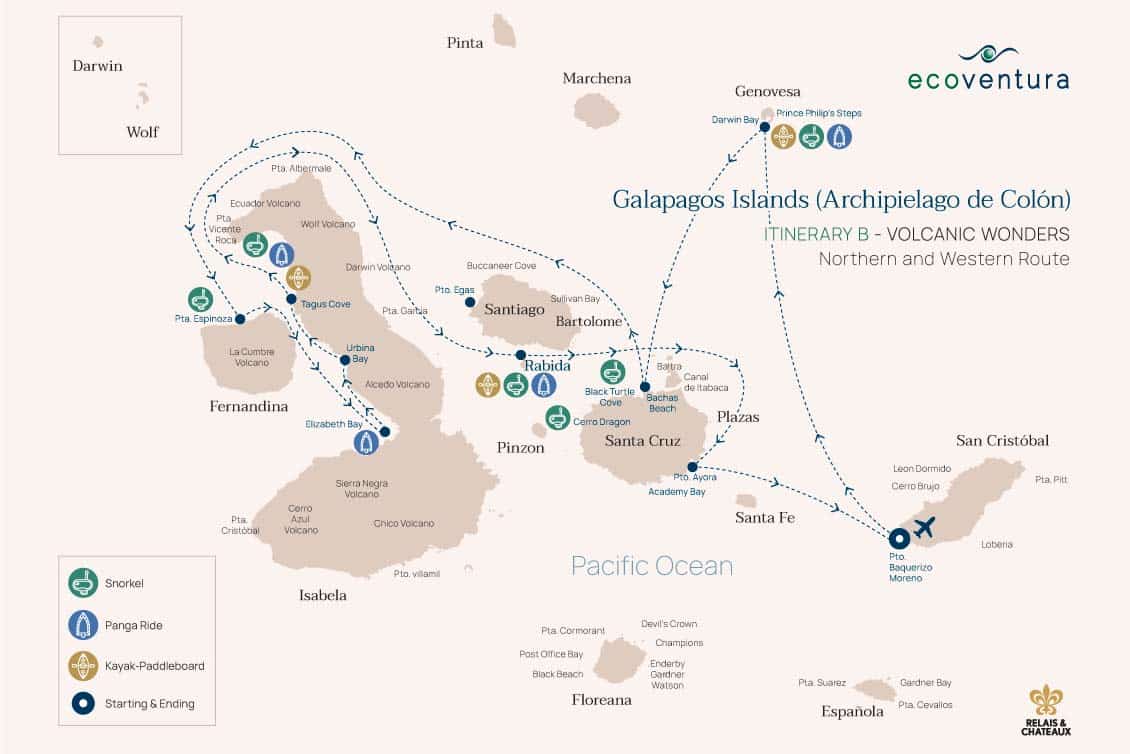 Ecoventura itinerary B Eksempel på en sejlplan for et cruise på Galapagos.